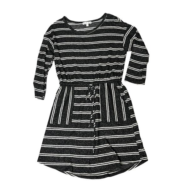 Moa Moa SWEATER DRESS Womens SM Black White Striped Knit Pockets Tie Waist Belt - Picture 4 of 10